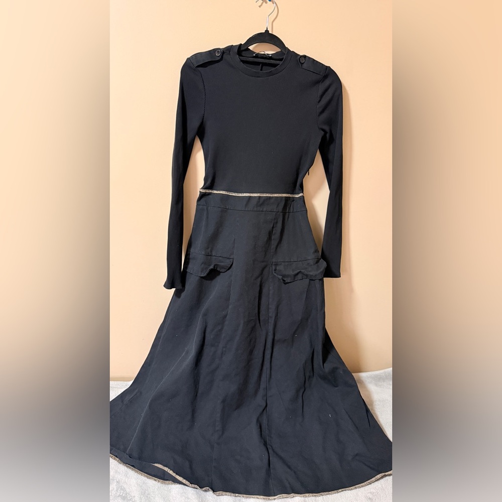 Zara Black Long-Sleeve A-Line Dress with Gold Trim